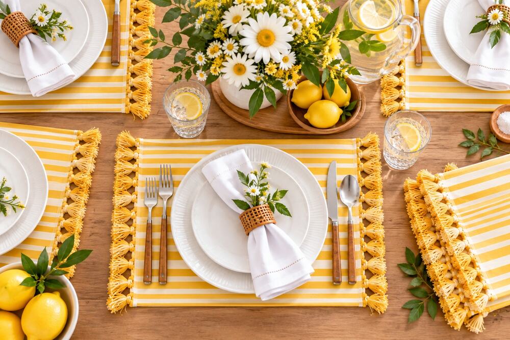 Pier 1 Imports Yellow White Striped Tassel Placemats Set of 6 New